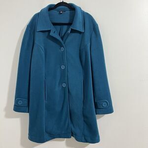 Roaman's Fleece Jacket Size 1X Teal Blue Swing Coat Button Up Mid Length Outdoor